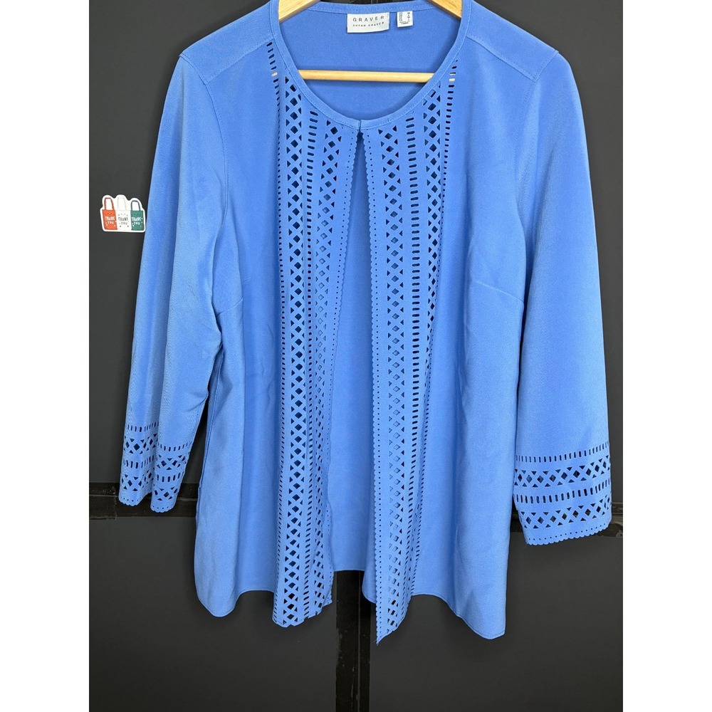 GRAVER Susan Graver LK Fusion Plus Regular Laser Cut Cardigan Blue Maze: M #29V - Picture 9 of 12